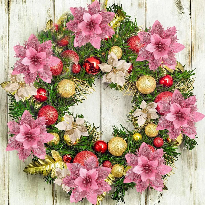 Natal glitter flores artificiais árvore de natal pendurado ornamentos flor falsa para casa 2025 natal ano novo 2026 navidad presente