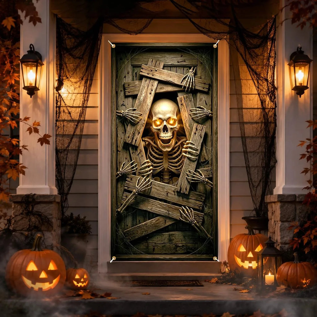 Banner de Porta de Esqueleto com Olhos Brilhantes para Halloween, Decoração Assustadora de Porta de Madeira Quebrada, Decoração Suspensa para Festa Interna e Externa