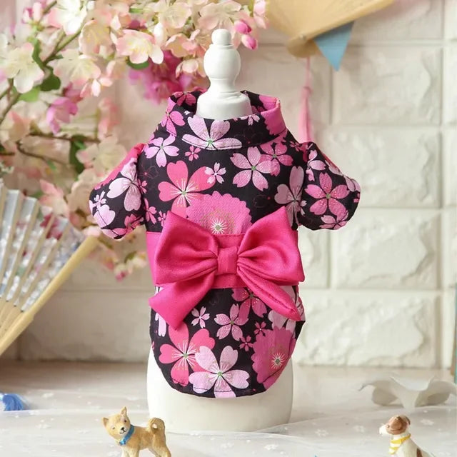 Japonês animal de estimação quimono poodle gato roupão flor cereja sakura verão filhote de cachorro primavera roupas para animais de estimação saia flor kitty vestido quimono