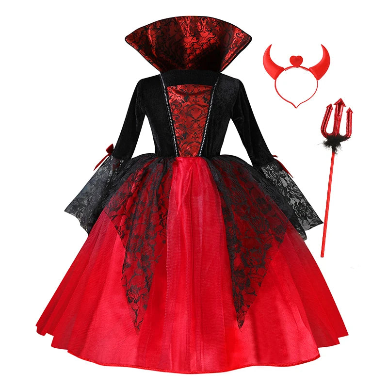 Fantasia de Personagem Vampiro Diabo para Meninas, Vestido de Tule Preto e Vermelho com Acessório de Chifre para Festa de Halloween