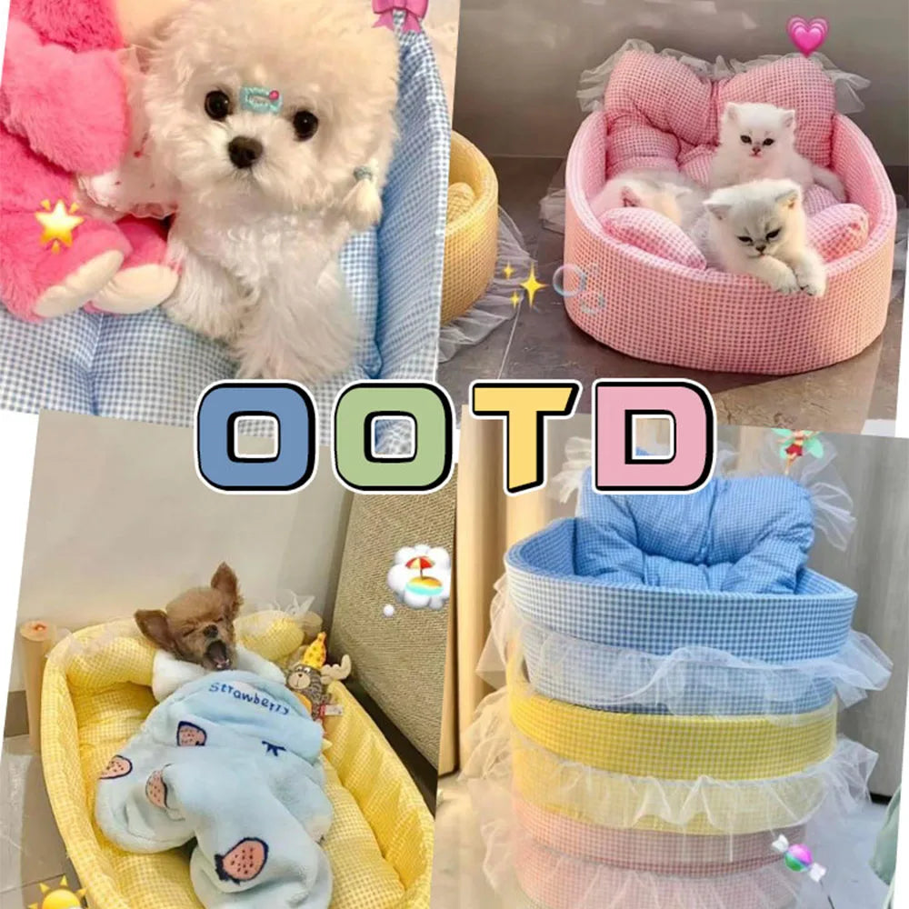 Cama Sofá Princesa para Gatos com Renda, Lavável e Removível, de Pelúcia Macia Oval para Cães/Gatos Pequenos, para Todas as Estações
