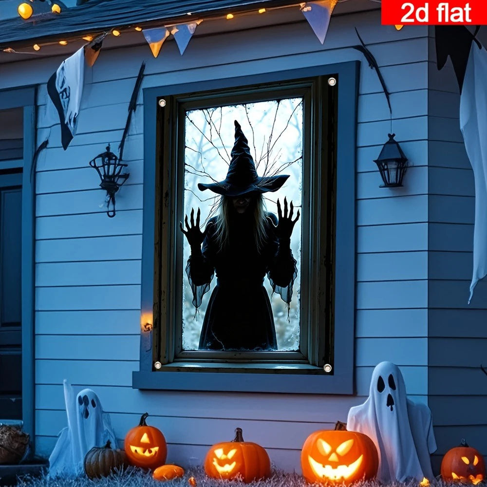 Decoração de Janela de Halloween com Silhueta 2D de Bruxa, Banner e Cortina com Estampa de Mão de Fantasma Assustadora para Festa em Casa e Decoração de Casa Assombrada