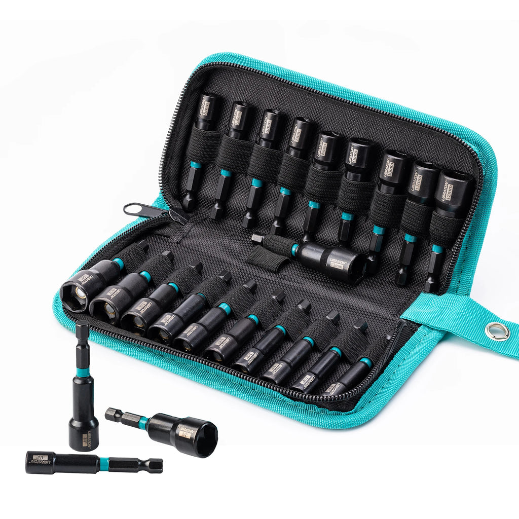 LIBRATON Conjunto de 20 Chaves de Porca Magnéticas, Conjunto de Pontas de Chave de Impacto para Furadeira 1/4" Chaves de Porca Métricas e SAE com Bolsa de Armazenamento