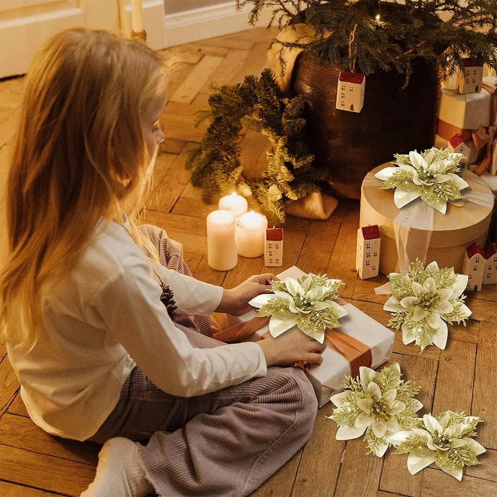 Natal glitter flores artificiais árvore de natal pendurado ornamentos flor falsa para casa 2025 natal ano novo 2026 navidad presente