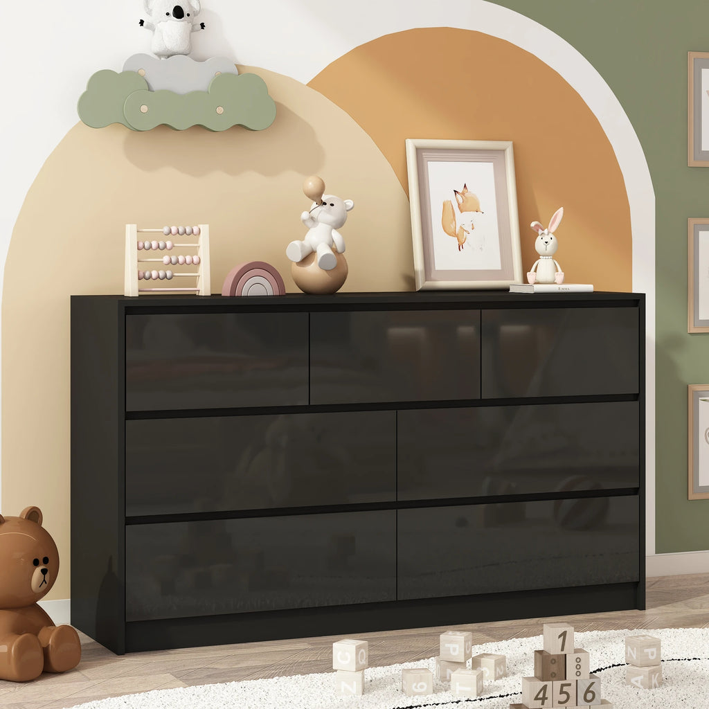 Armário de 7 gavetas com gavetas de alto brilho, grande peito de madeira, branco e preto, 55 "cômoda moderna para o quarto