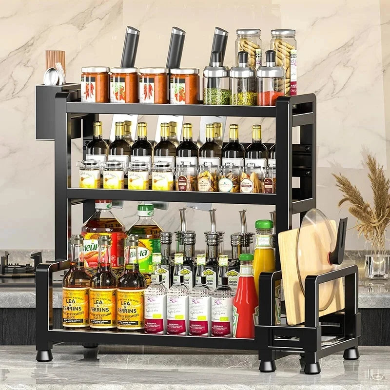 Organizador de Temperos para Cozinha, Suporte de Metal Ajustável de 3 Níveis com Ganchos para Facas, Preto