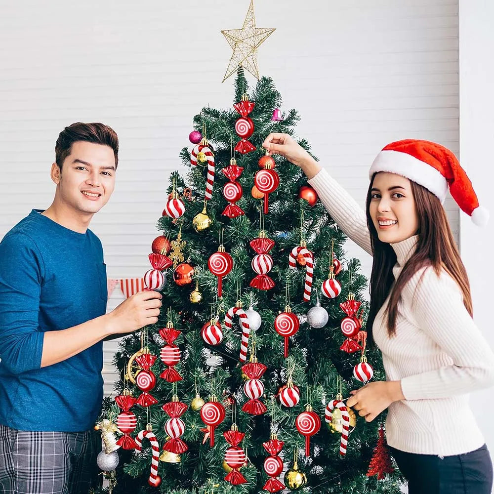 Decorações de doces para árvore de natal, bastão de doces vermelho e dourado, pinhas, decoração de casa de natal 2025, enfeite de árvore de natal