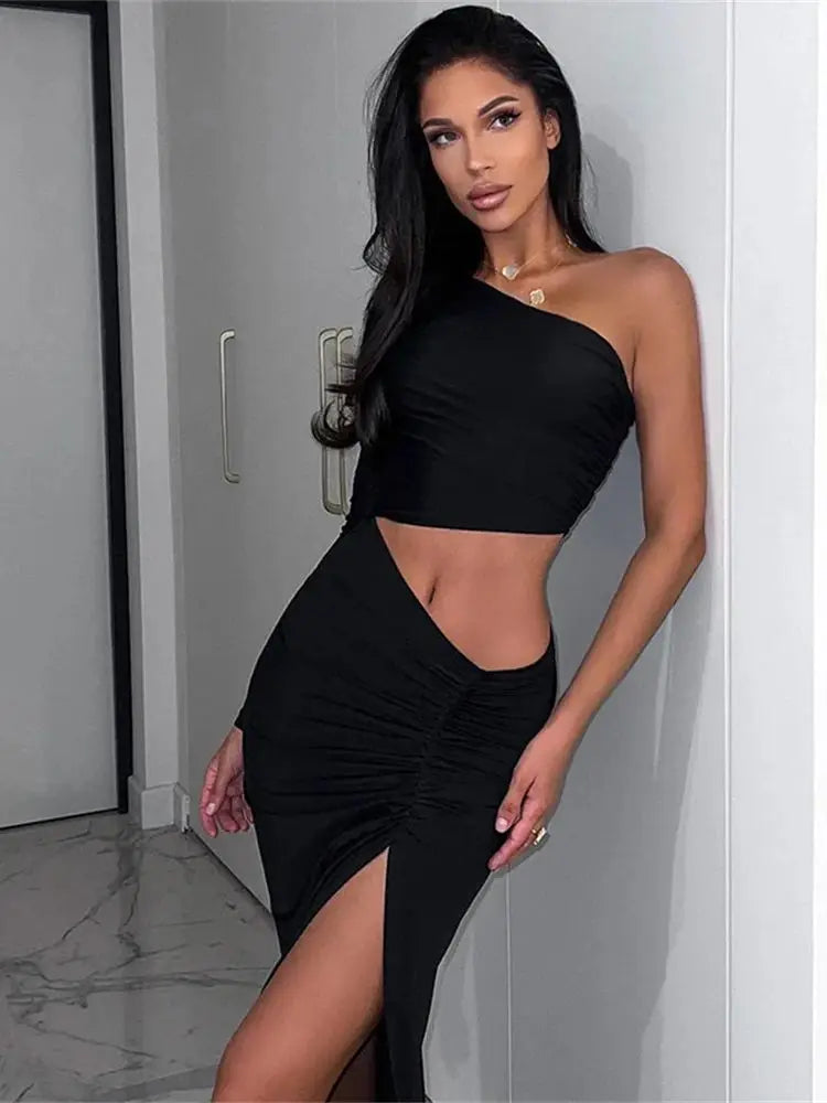 CNYISHE Women's One-Shoulder Cut-Out Ruched Split Maxi Dress Elegant Party Prom Gown Sexy Birthday Outfits