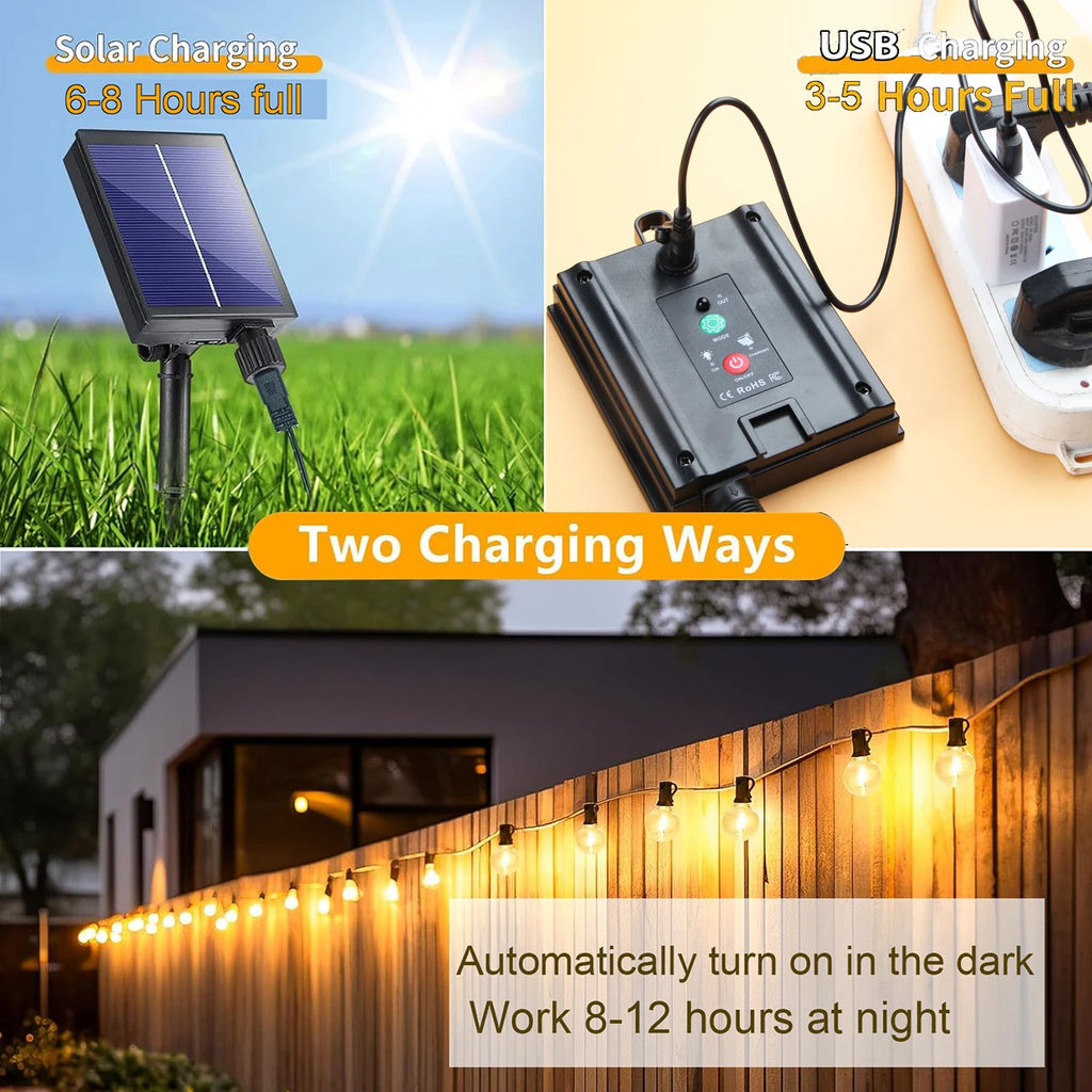 G40 luzes da corda solar festão led pátio lâmpadas corda solar ao ar livre para festa de jardim de natal casamento terraço decoração