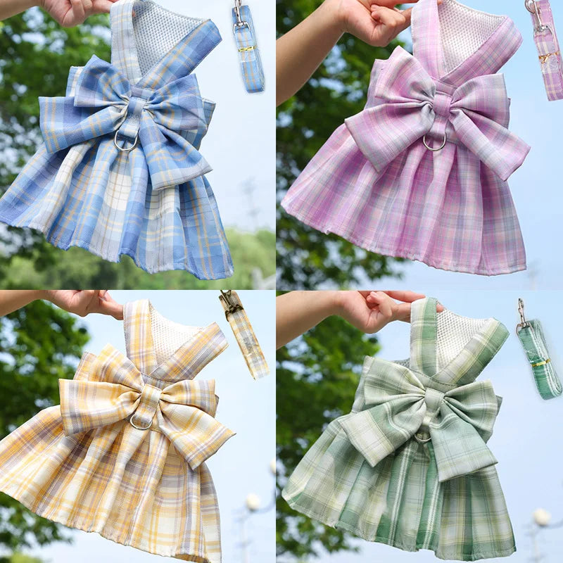 Coelho jk vestidos e trela conjuntos de malha xadrez pet colete arnês para gatos coelho verão pequenos animais roupas coelhos acessórios