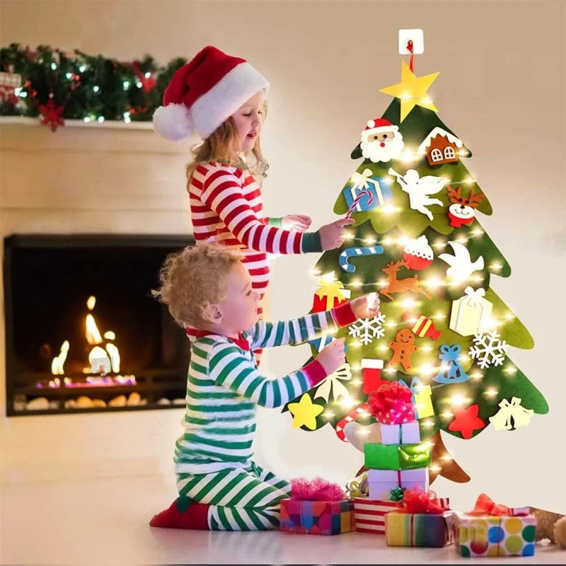 DIY sentiu árvore de natal com ornamento suspenso, luzes LED, presentes para crianças, decoração de ano novo, suprimentos de natal, 2024
