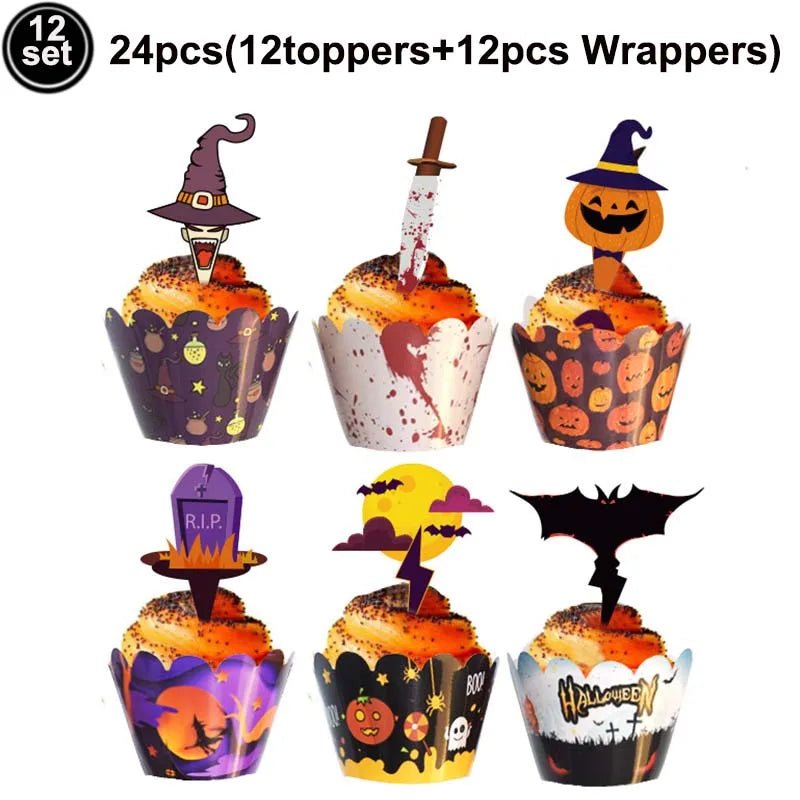 Halloween cupcake toppers assustador fantasma crânio abóbora bolo festa decoração aranha web cupcake envoltório festa de halloween decoração suprimentos - Kasa & Pet