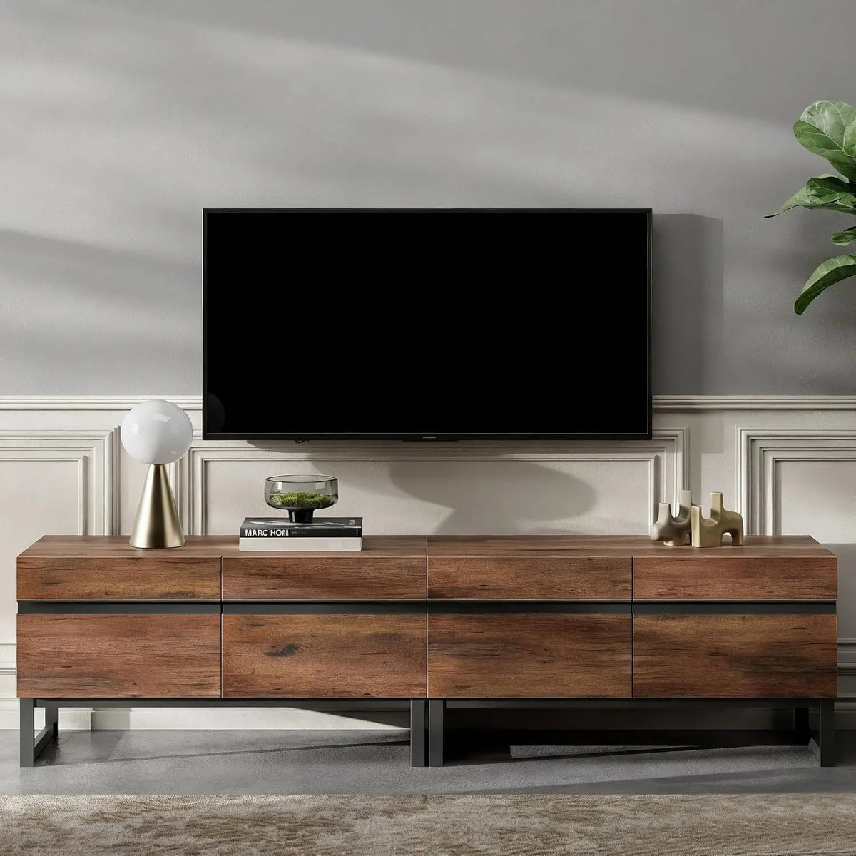 Suporte de TV Moderno para TVs de 50-75 Polegadas, Centro de Entretenimento em Madeira com Armários de Armazenamento de Base Metálica, Console de TV Multimídia, Personalizável