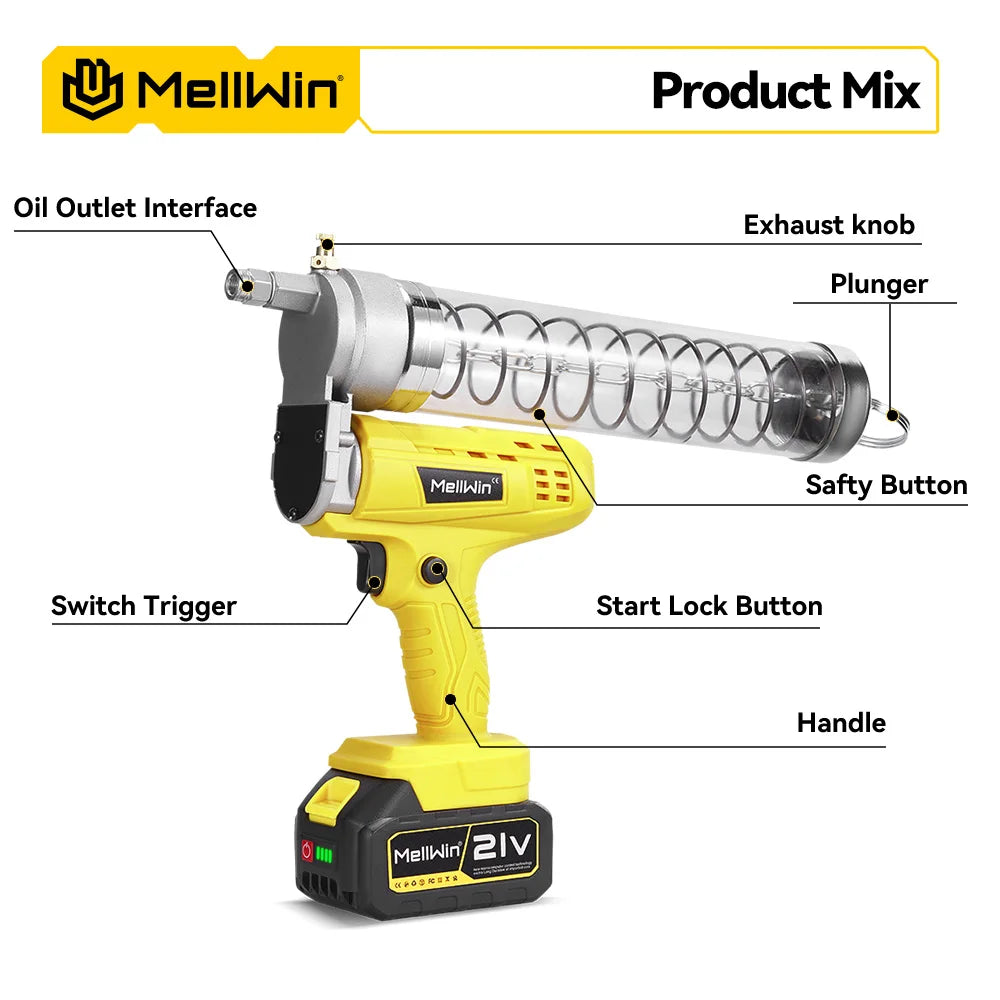 MELLWIN 12000PSL Máquina de Graxa Elétrica Sem Fio de Alta Pressão para Manutenção Automotiva, Ferramenta de Lubrificação a Óleo para Bateria Makita 18V