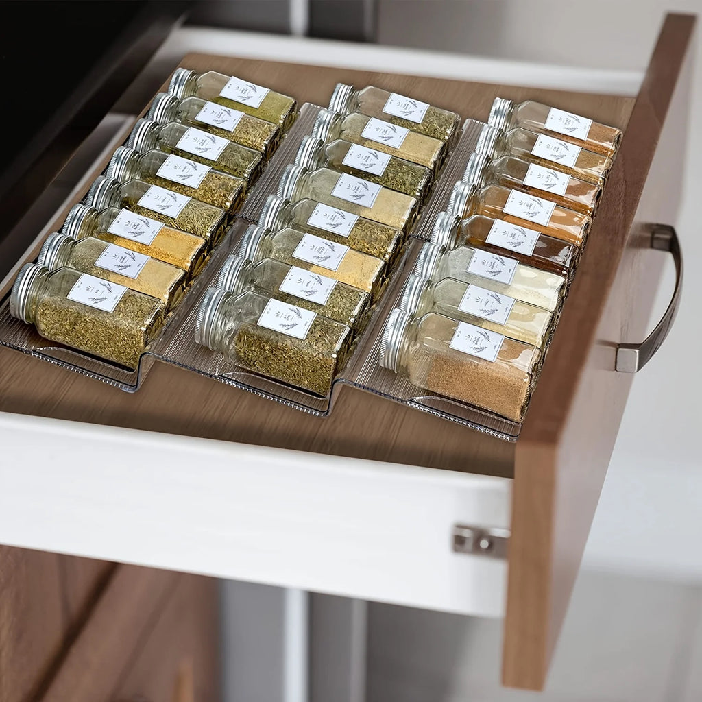 Organizador de gaveta de especiarias expansível, 2 peças, armazenamento de cozinha de plástico-organizador durável que economiza espaço para armários, bancadas