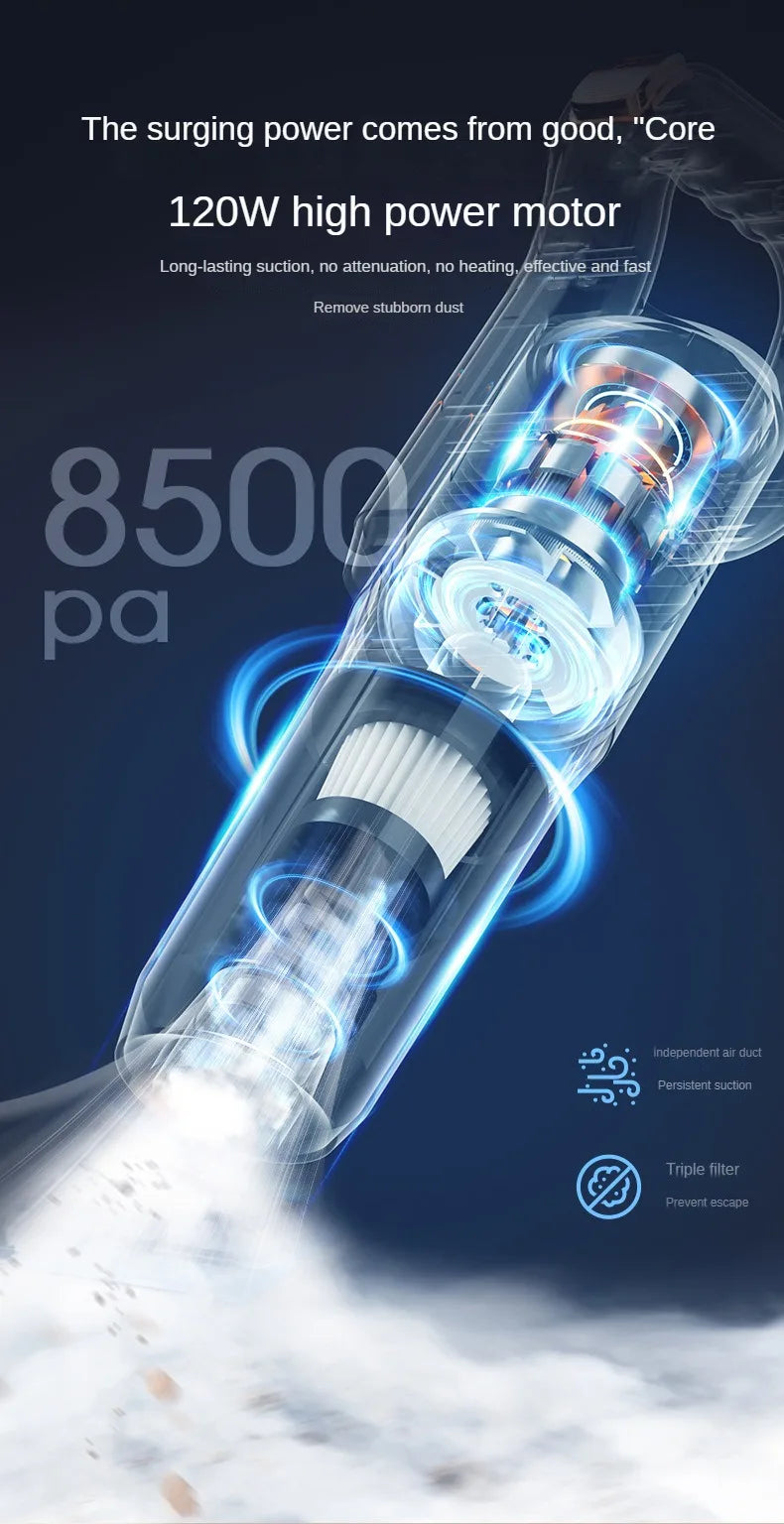 Aspirador de pó portátil sem fio de alta potência, 8500pa, 120w, portátil, para uso doméstico e automotivo, máquina de limpeza de poeira com escova