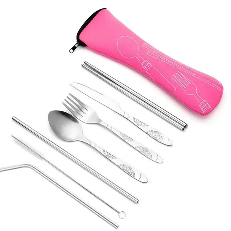 7 pçs/set conjunto de talheres de aço inoxidável ao ar livre portátil saco pano faca garfo colher pauzinhos palha flores ricas sete conjuntos Kasa & Pet