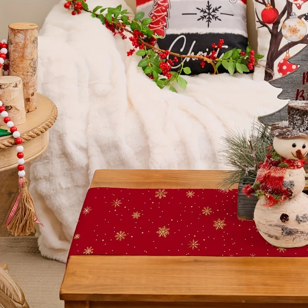 Decoração de mesa festiva retangular de corredor de mesa de Natal, design de árvores de Natal vermelhas e flocos de neve para toalha de mesa de férias
