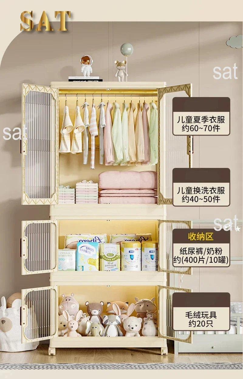 -Armário de armazenamento dobrável multicamadas com rodas, porta dupla, guarda-roupa, transparente, grande capacidade, organizador, prateleira