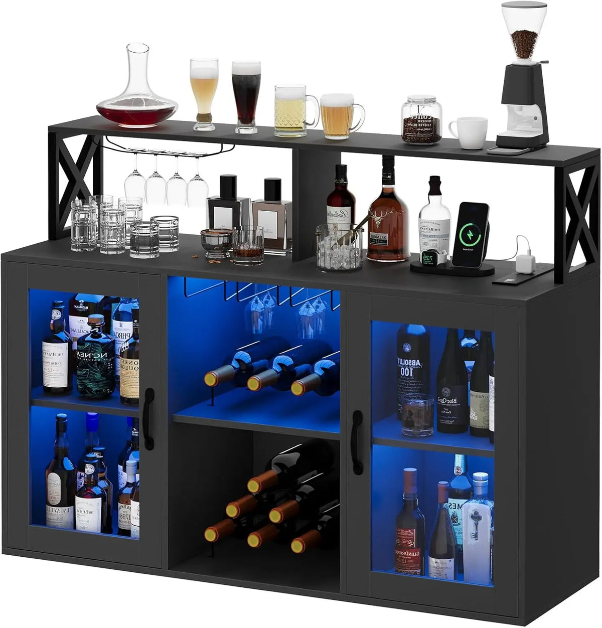 Armário de Vinhos com Iluminação LED e Tomadas, Armário de Bebidas Estilo Fazenda, Aparador de Madeira com Prateleiras para Vinhos e Suporte para Copos para Cozinha, Sala de Jantar, Sala de Estar
