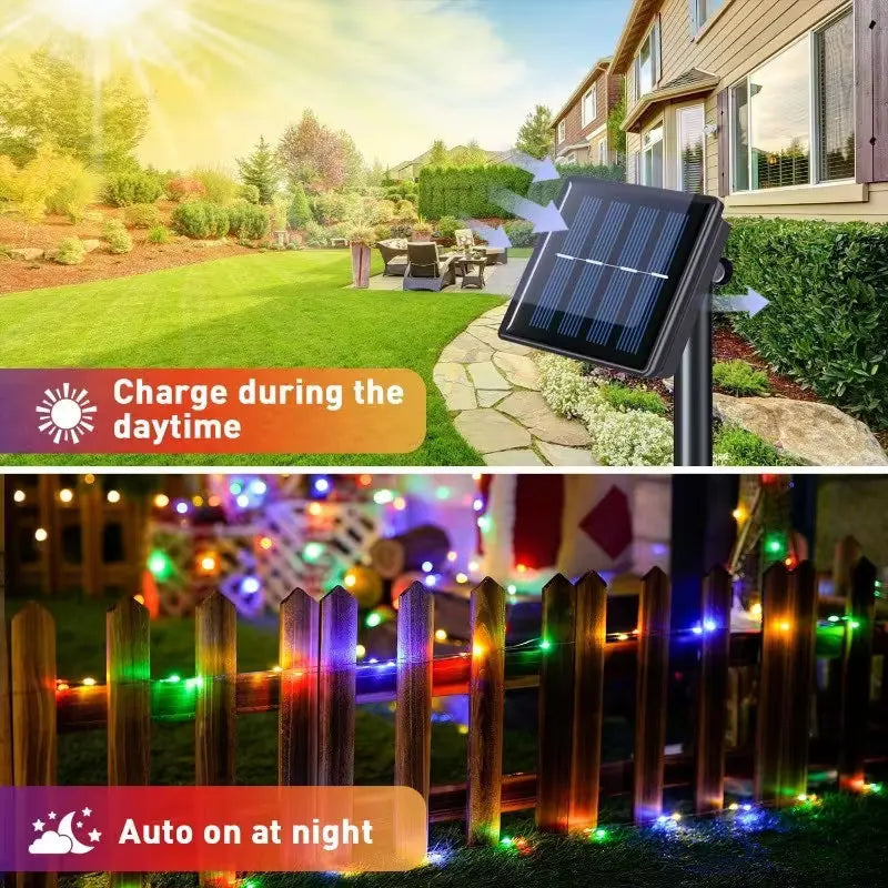 Luzes de Natal à Prova d'Água com 8 Modos, Luzes de Fada em Cordão, LED Alimentado por Energia Solar para Decoração de Árvore, Pátio, Quintal e Jardim Externo