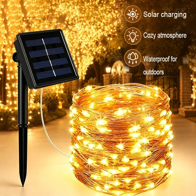 Luzes de Natal à Prova d'Água com 8 Modos, Luzes de Fada em Cordão, LED Alimentado por Energia Solar para Decoração de Árvore, Pátio, Quintal e Jardim Externo
