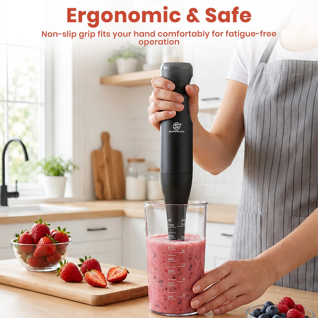 SUPERLEX 350W Mixer de Imersão 4 em 1, Conjunto de Mixer Elétrico Portátil com Batedor, Copo Medidor de 500ml e Picador de 700ml, Controle de 2 Velocidades para Sopas, Smoothies, Papinhas e Carne Moída