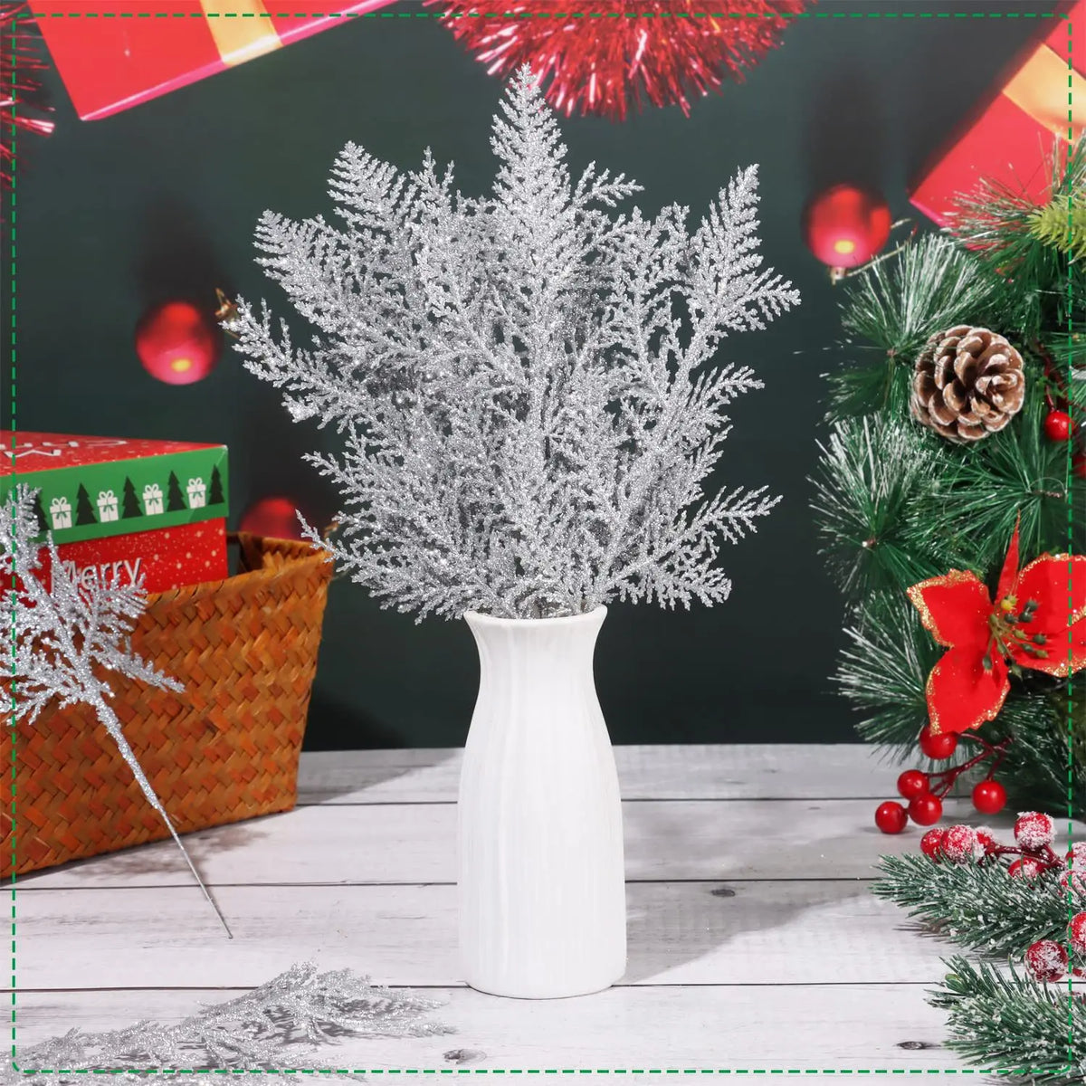 Decoração de natal glitter ramos bagas buquê de flores artificiais enfeites de árvore de natal para casa ano novo 2025 navidad