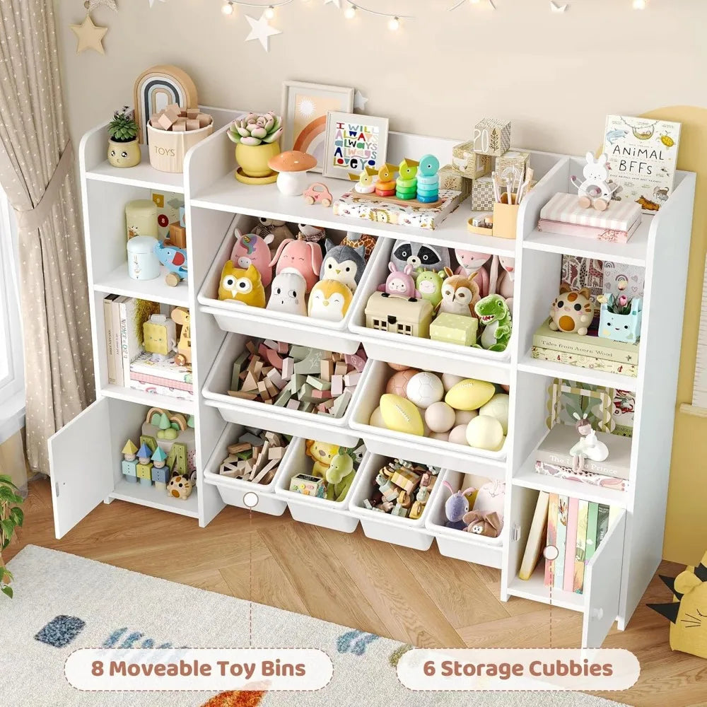 Organizador Grande para Brinquedos com 8 Caixas e 6 Compartimentos, Estante Infantil de 55 Polegadas com Prateleira Superior para Sala de Brincadeiras