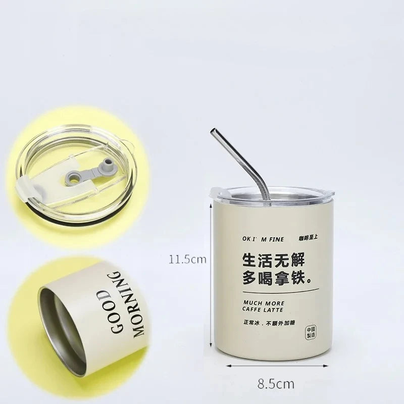 Copo Térmico de Aço Inoxidável 304 de 600ML com Canudo, Copo Reutilizável de Dupla Camada para Café Americano Gelado e Água Fria, Portátil