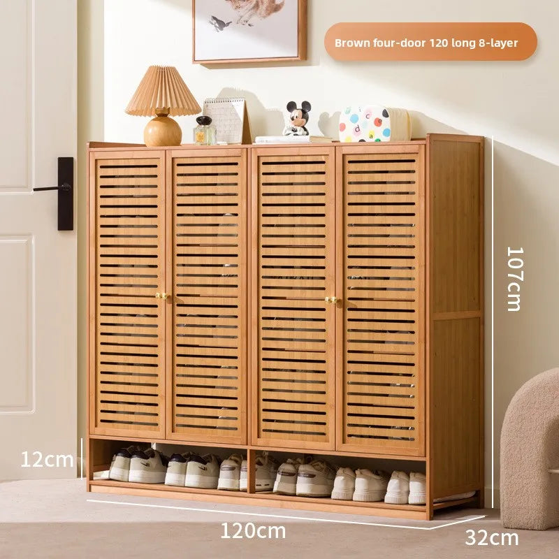 Armário de Sapatos de Bambu com Porta de Persiana, Armário de Armazenamento Multicamadas para Sala de Estar, Armário de Jantar, Armário de Utensílios de Cozinha