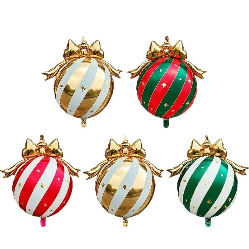 Balão Metalizado de Natal em Forma de Bola, Balões Estrela Listrados, Laço Dourado, Decoração para Pendurar na Árvore de Natal, Balões de Feliz Natal