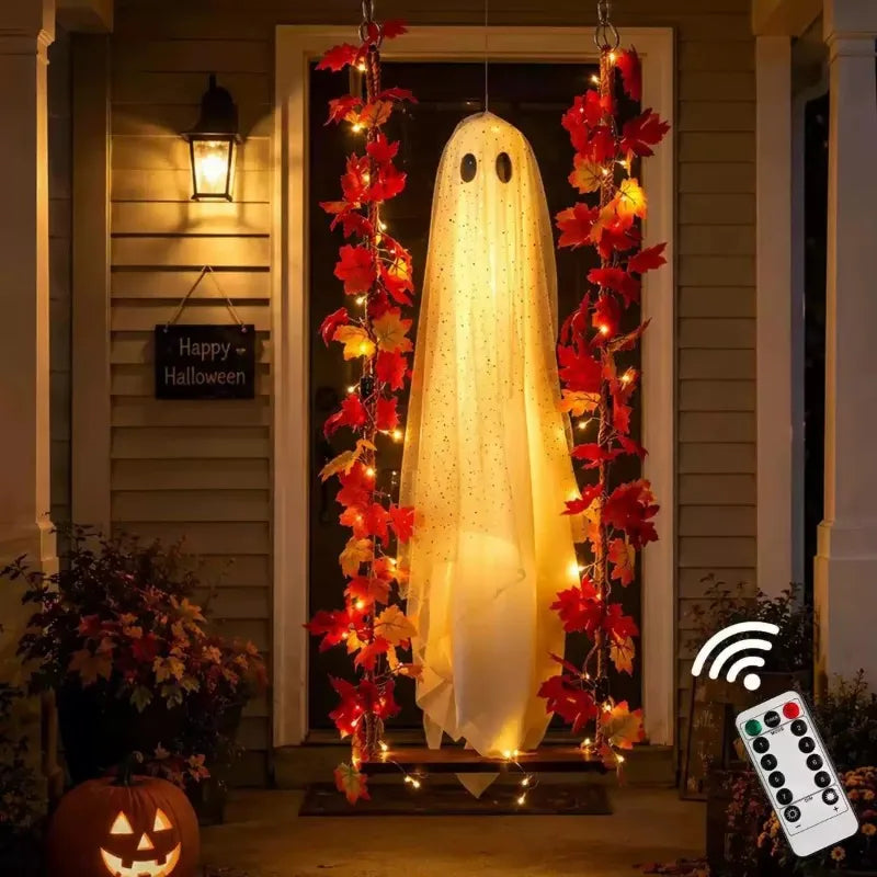 Decorações de Halloween para Exterior, Fantasmas Luminosos Pendurados com Luzes de Cordão, Ornamento de Fantasma Brilhante para Jardim