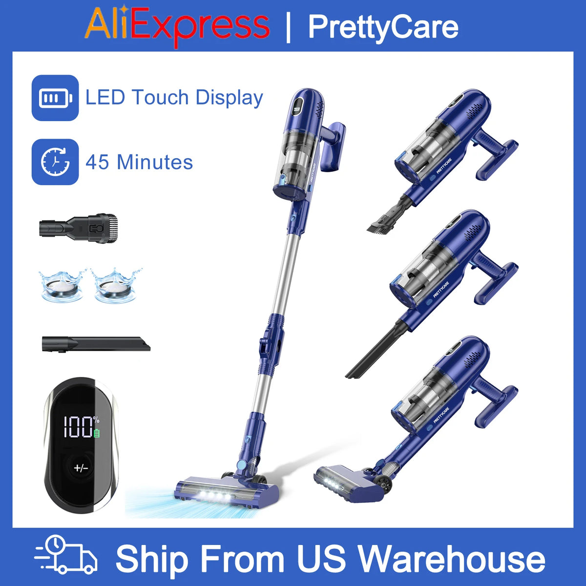 Aspirador de pó sem fio PrettyCare P1 45 minutos 28Kpa Aspirador de pó potente com motor sem escova LED Touch Display