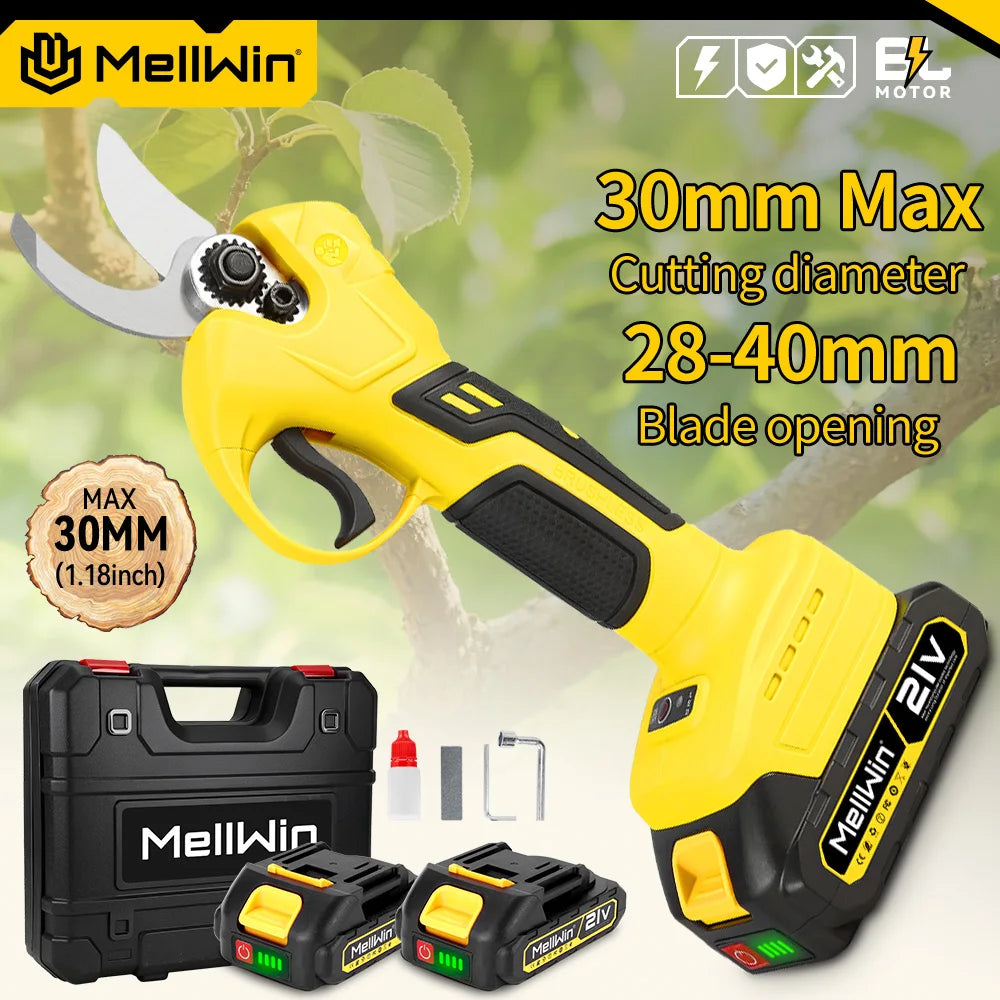 Mellwin 30mm tesouras de poda elétricas sem escova sem fio cortador de galhos de árvores frutíferas tesoura de jardim para makita 18v bateria pino