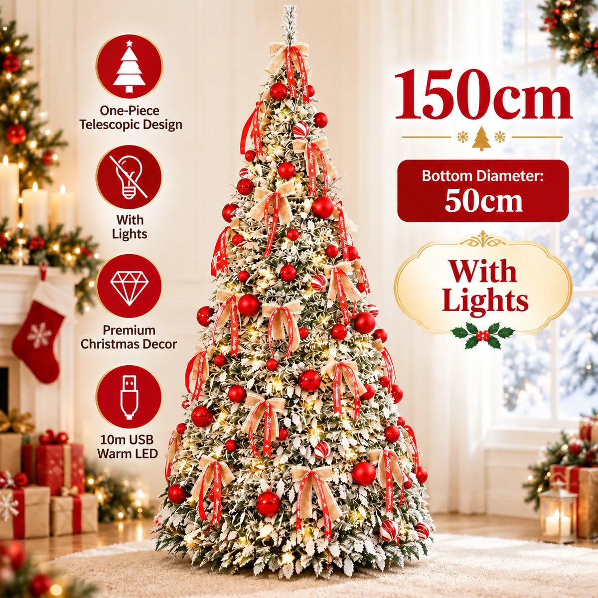 Árvore de Natal Dobrável com Luzes LED e Enfeites, Árvore de Natal Integrada de Alta Qualidade de 120cm a 180cm, Decoração para Festa de Natal em Família