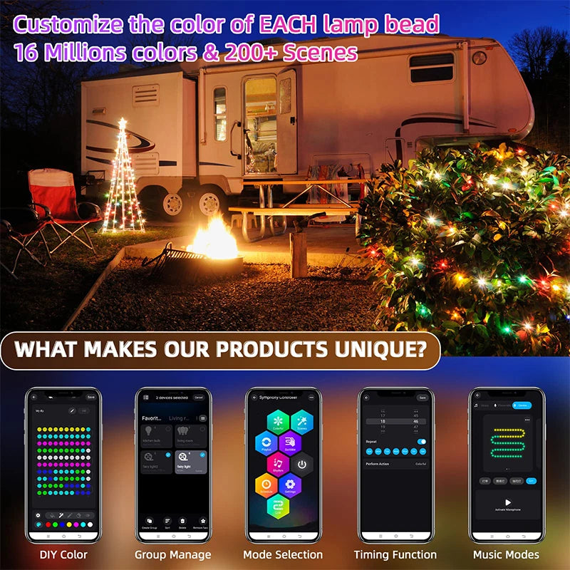 Árvore de Natal ao ar livre e interior String Lights, impermeável Bluetooth Fairy LED String Lights, IP65, WS2812B, 100LED, 10m