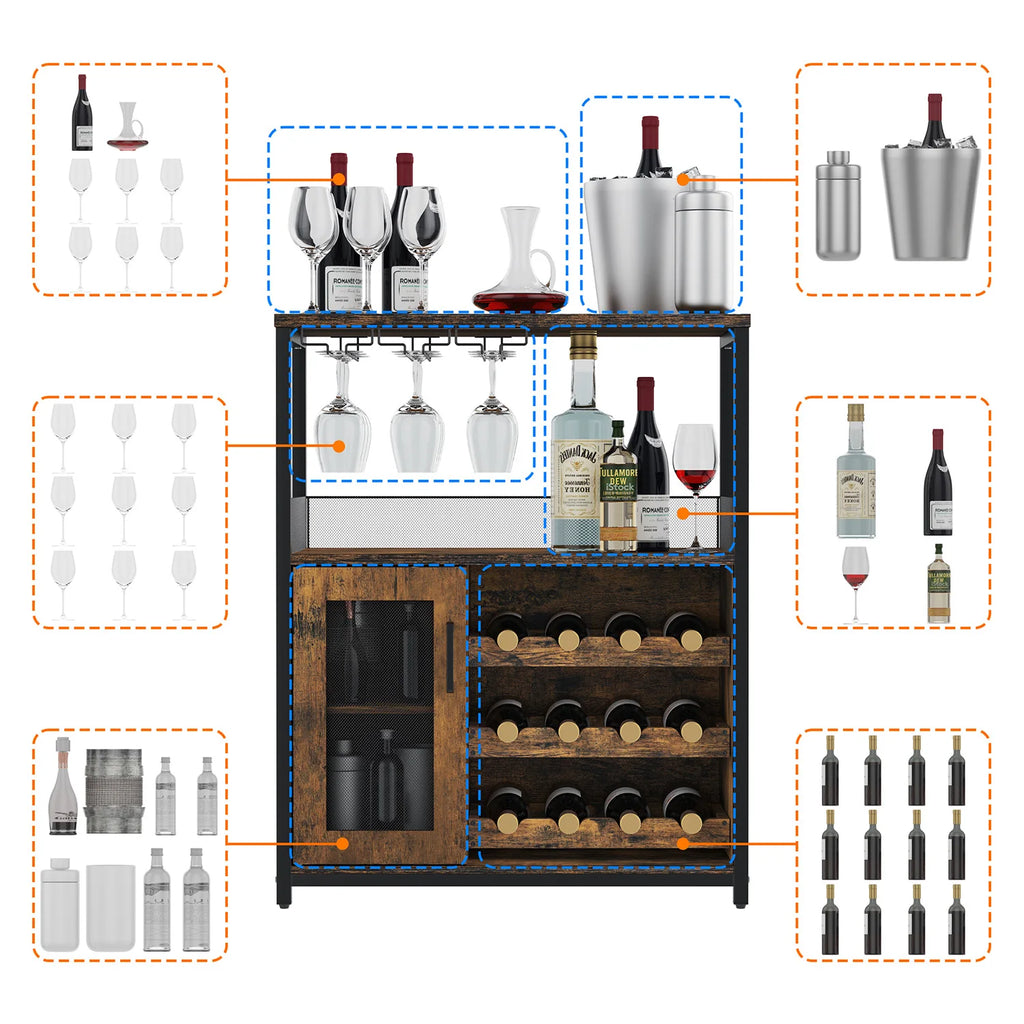 Armário de bar de vinho de 3 camadas com rack de vinho removível e armário de buffet com suporte de vidro e porta de malha para casa