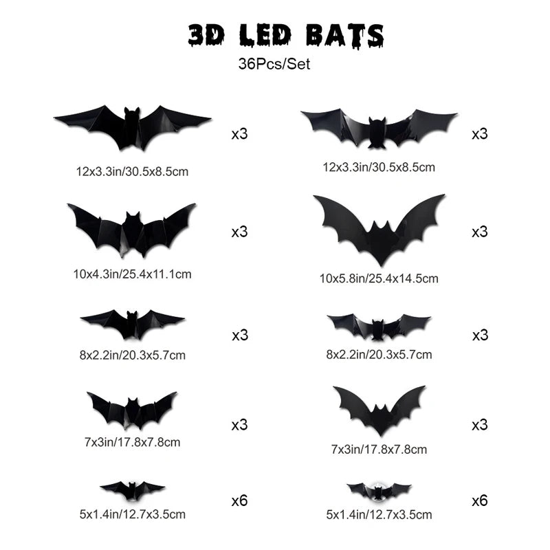 Decorações Assustadoras de Halloween: Luzes LED 3D de Morcego | Adesivos de Parede Flexíveis, Decoração Luminosa Alimentada por Energia | Decoração de Festa, Janela - Kasa & Pet