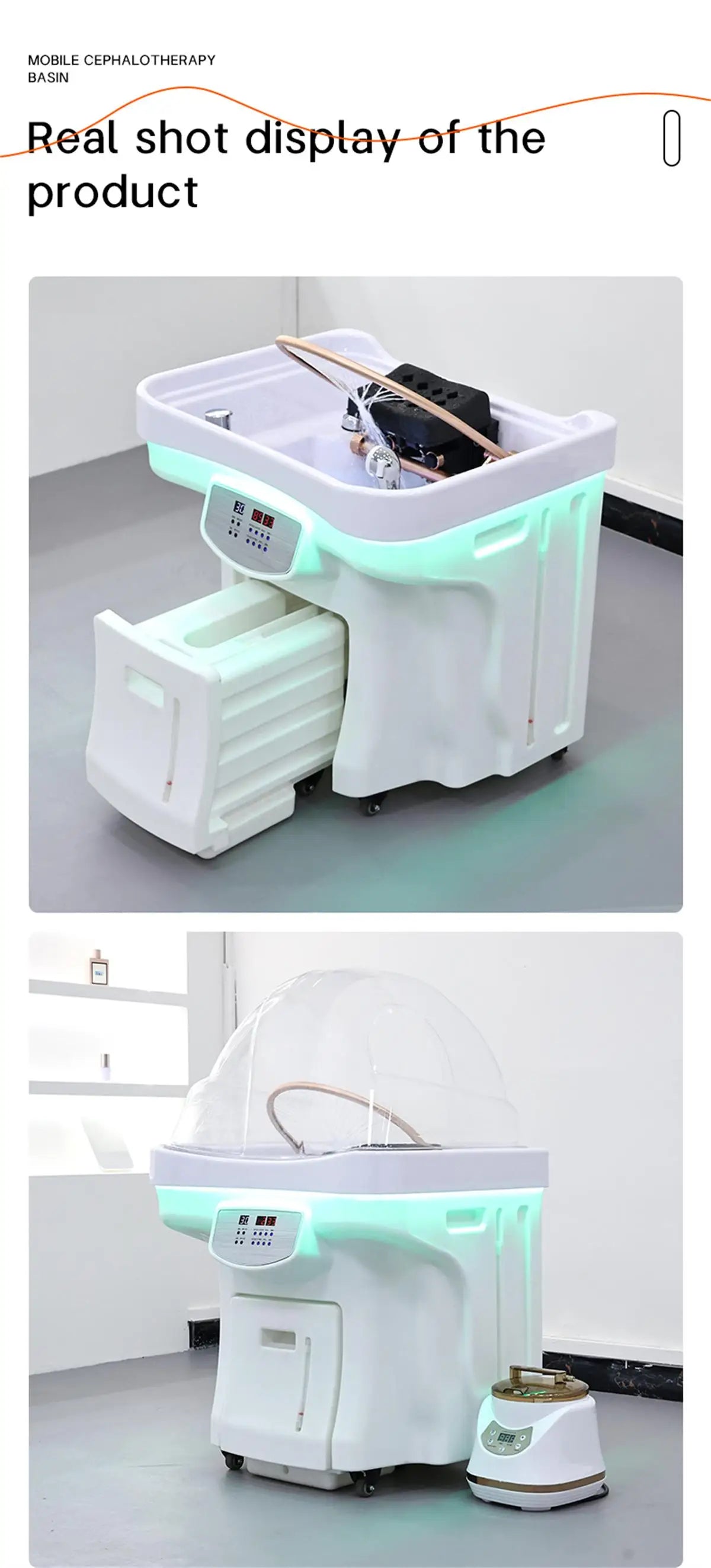 Bacia de spa com cabeça de armazenamento de água conveniente de 60L com circulação de água e função de aquecimento, bacia de salão de cabeleireiro, com tanque de drenagem