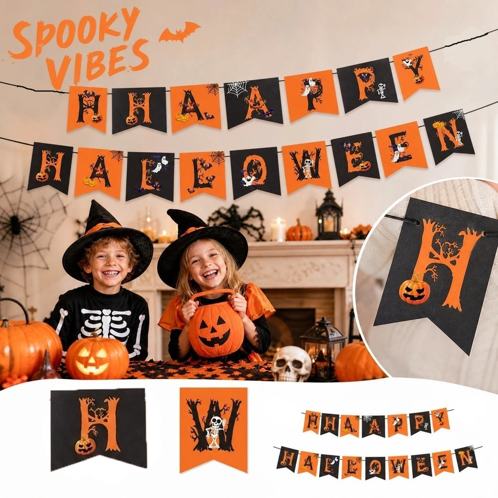 Decorações para Festa de Halloween, Bandeirolas Pretas e Laranjas, Guirlandas de Papel DIY para Decoração