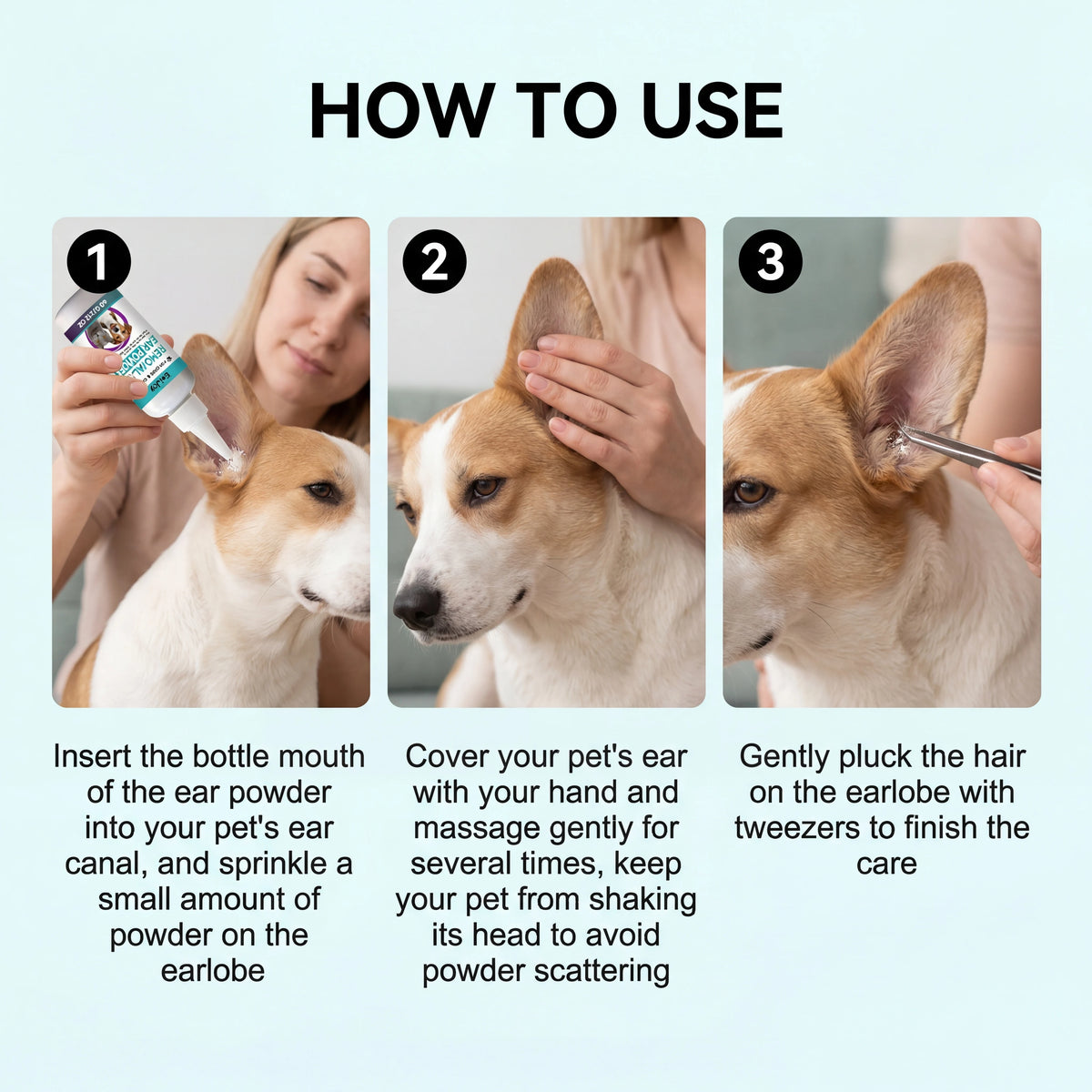Pó de Limpeza de Ouvidos para Cães e Gatos, Pó Profissional para Remoção de Pelos dos Ouvidos, Alivia Coceira, Mantém Seco, Suprimentos para Cuidado dos Ouvidos de Animais de Estimação