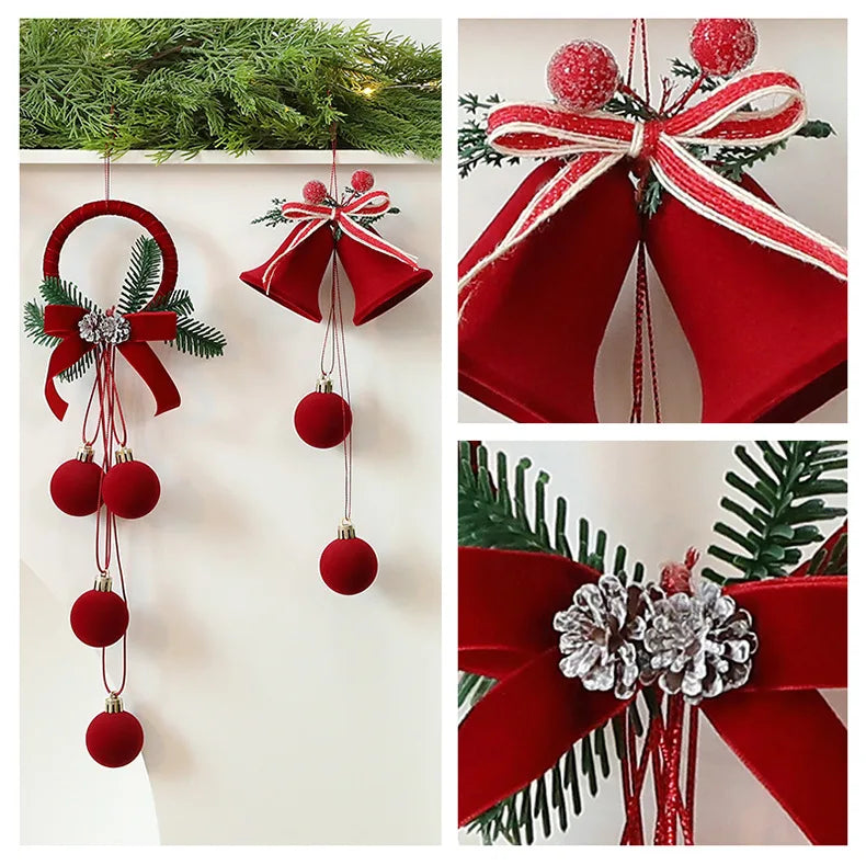 Enfeites de Natal em Veludo Vermelho, Bolas Flocadas, Sinos, Pingentes, Laços, Decoração para Casa, Presentes para Festa de Natal e Ano Novo