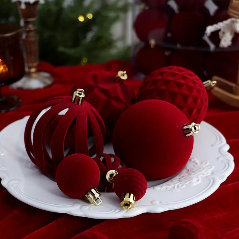 16 Bolas de Natal de Veludo de 8CM, Enfeites de Luxo Flocados para Pendurar na Árvore de Natal, Pingentes para Decorações de Festas de Ano Novo