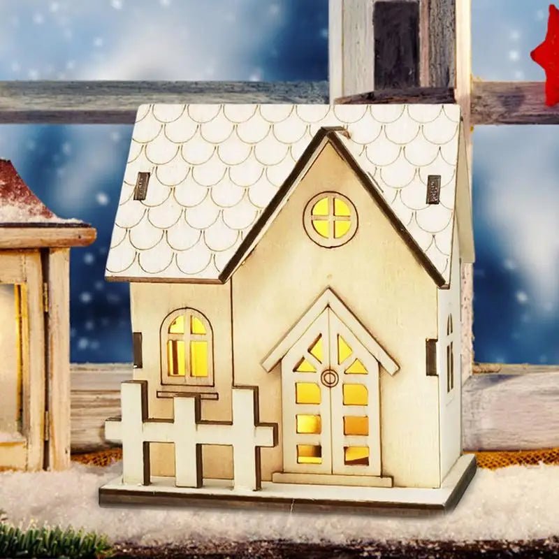 Luz de Natal LED com cordão Bateria Lanterna de incandescência de madeira Casa pequena Pingente para decoração de mesa