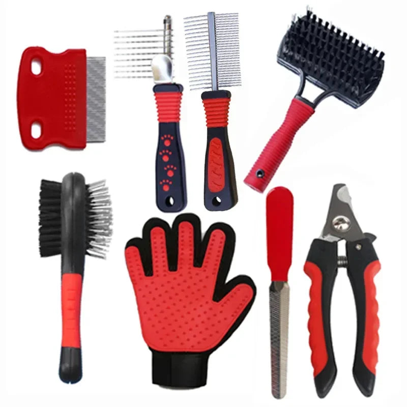 Pet Conjunto De Limpeza De Cerdas, Cães e Gatos Slicker Brush, Nail Clipper File, Depilação, Luvas, Flea Combs