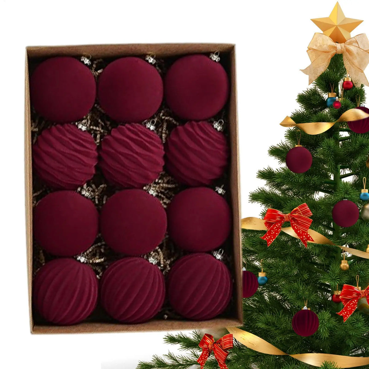 Bolas de natal de veludo 12 unidades/caixa bolas de árvore flocadas pingente ornamentos design luxuoso decoração para decorações de natal