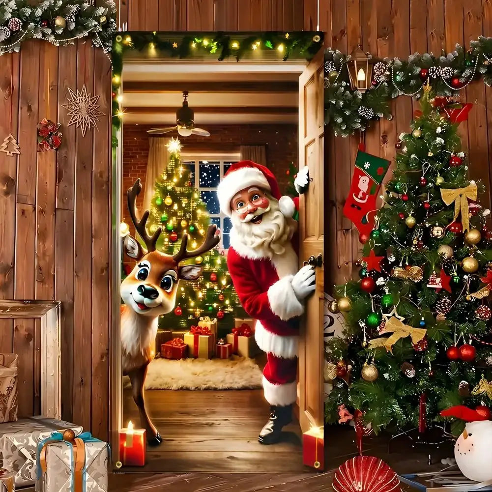 Decorações para cobrir a porta no Natal, banner com tema de Papai Noel e presentes, painel decorativo para a varanda, banner para a porta da frente, artigos para festas com tema de casa de campo.