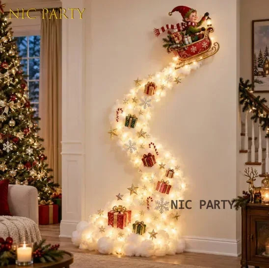 Decoração de parede natalina luminosa, luz de parede para casa, cena mágica de Natal, trenó do Papai Noel, renas, decoração natalina suspensa