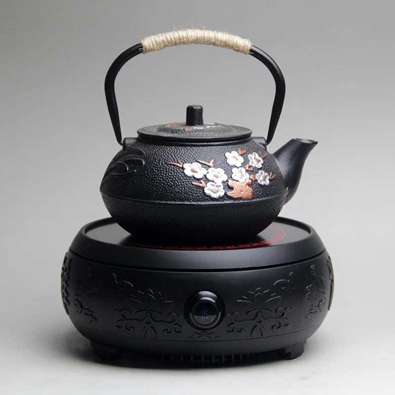 300ml 600ml 800ml bule de chá de ferro japonês ameixa e bambu pintado chaleira de ferro fundido conjunto de água fervente com filtro pote